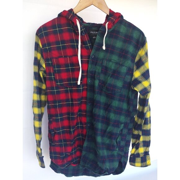 Pacsun Plaid Flannel Men's Size Medium Shirt Jacket Hooded Pockets Colorblock - Picture 1 of 9